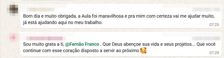 Print de WhatsApp: aluna conta que a aula foi maravilhosa e já está ajudando no trabalho dela (dados pessoais ocultados)