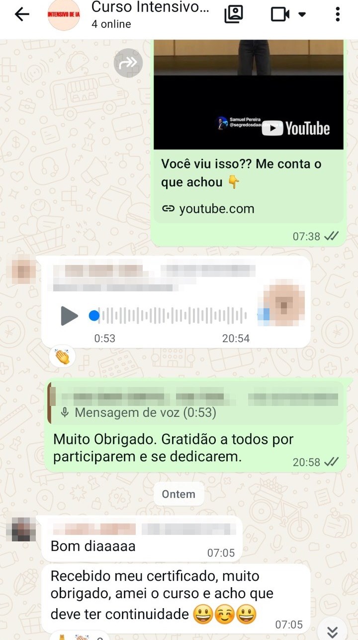 Print de WhatsApp: aluna comemora o recebimento do certificado e pede continuidade do curso (dados pessoais ocultados)