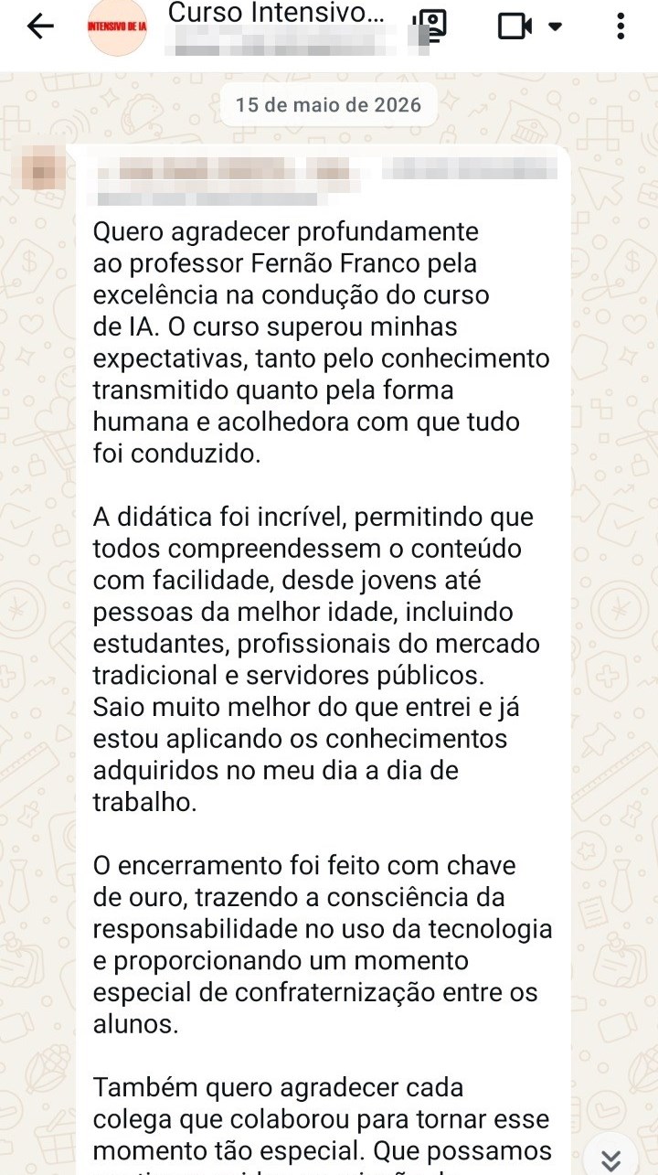 Print de WhatsApp: depoimento longo elogiando a didática e a condução do professor Fernão Franco (dados pessoais ocultados)