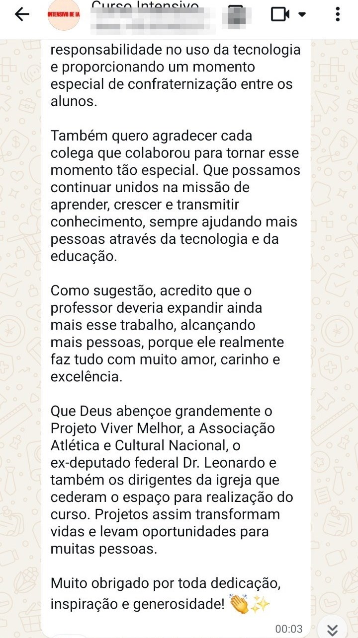 Print de WhatsApp: continuação do depoimento, sugerindo que o professor expanda o trabalho para mais pessoas (dados pessoais ocultados)